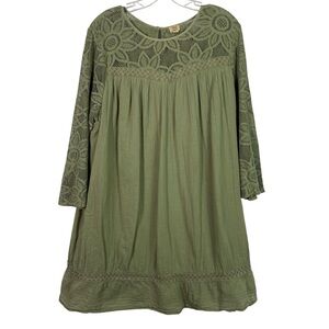 True Craft Green Mesh Cutout Sunflower Floral Top Long Sleeve Tunic Top XL Lined